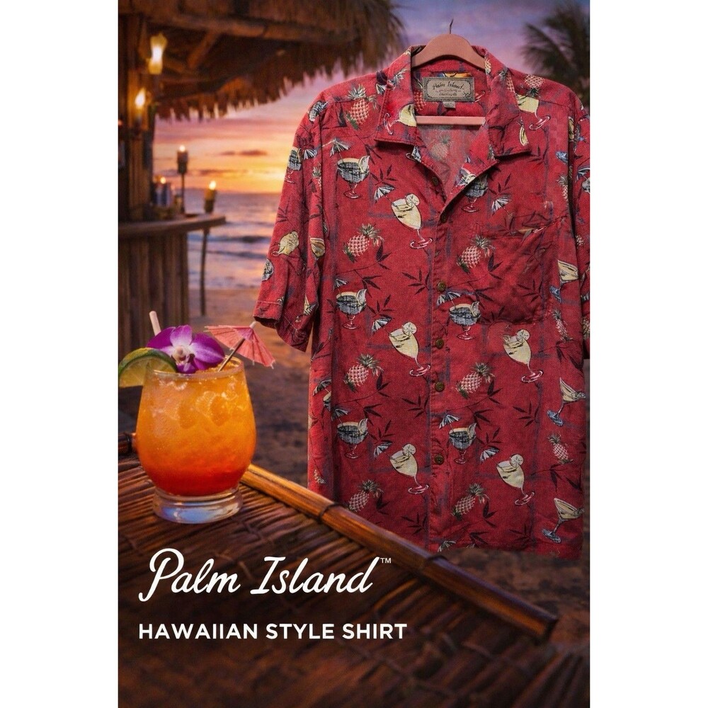PALM ISLAND Men's XL Hawaiian Print Button Front Camp Shirt Red